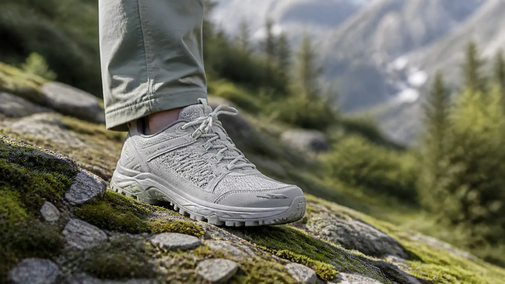 Getragener Trailschuh auf einem Bergpfad