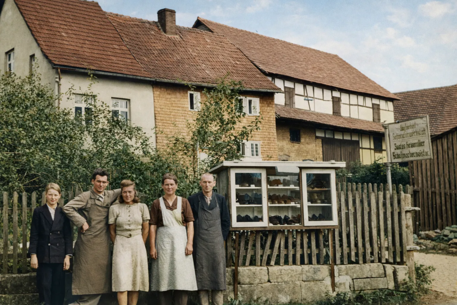 Familie Heinmüller vor dem damaligen Schuhgeschäft in Oberbeisheim Ende der 1940er Jahre