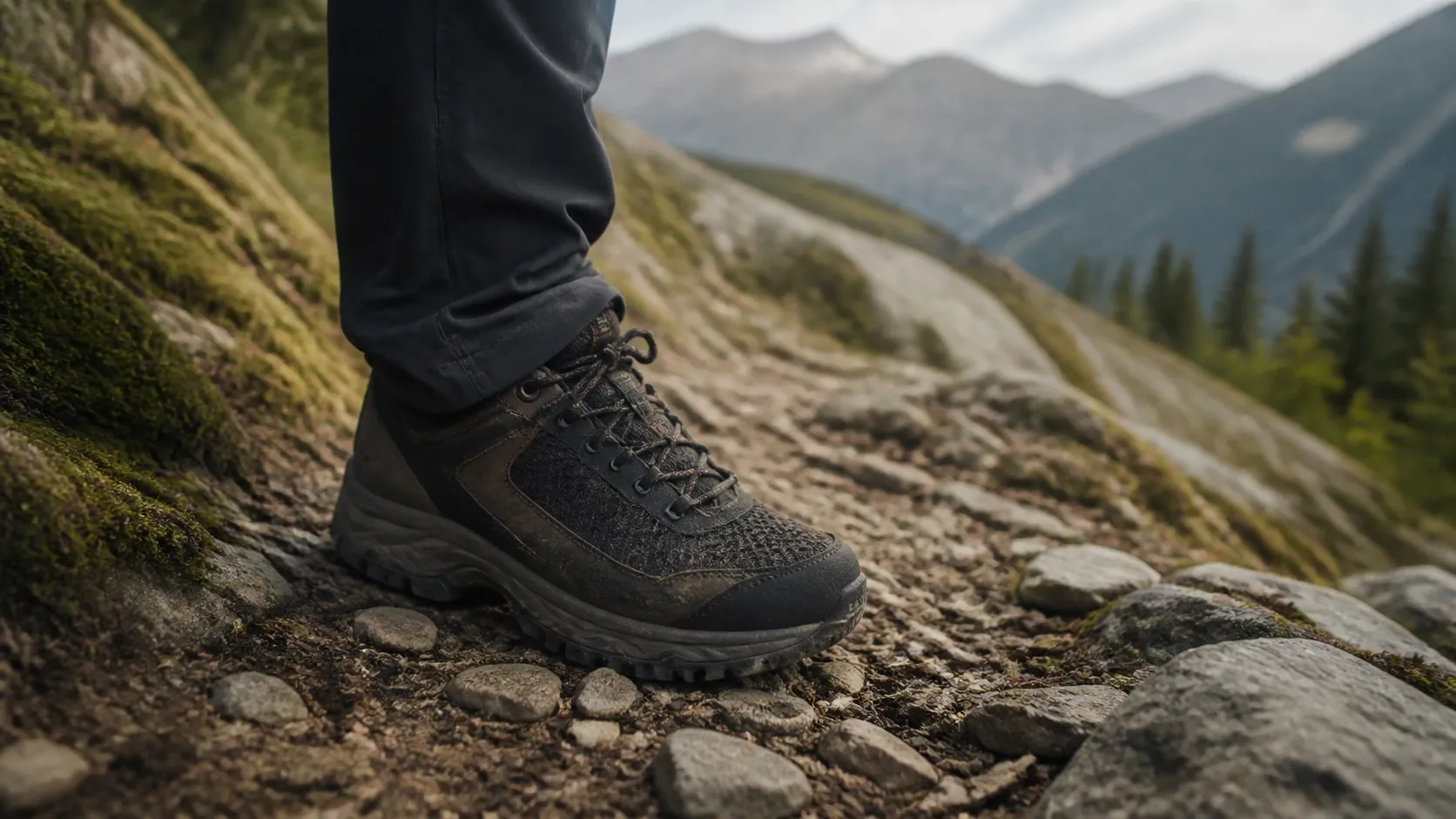 Getragener Wanderschuh auf einem felsigen Bergweg