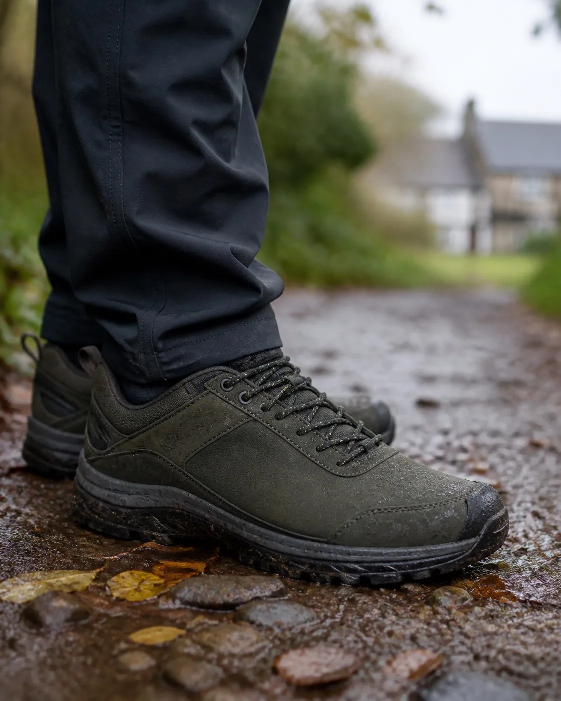 Getragener wetterfester Outdoorschuh auf einem nassen Weg